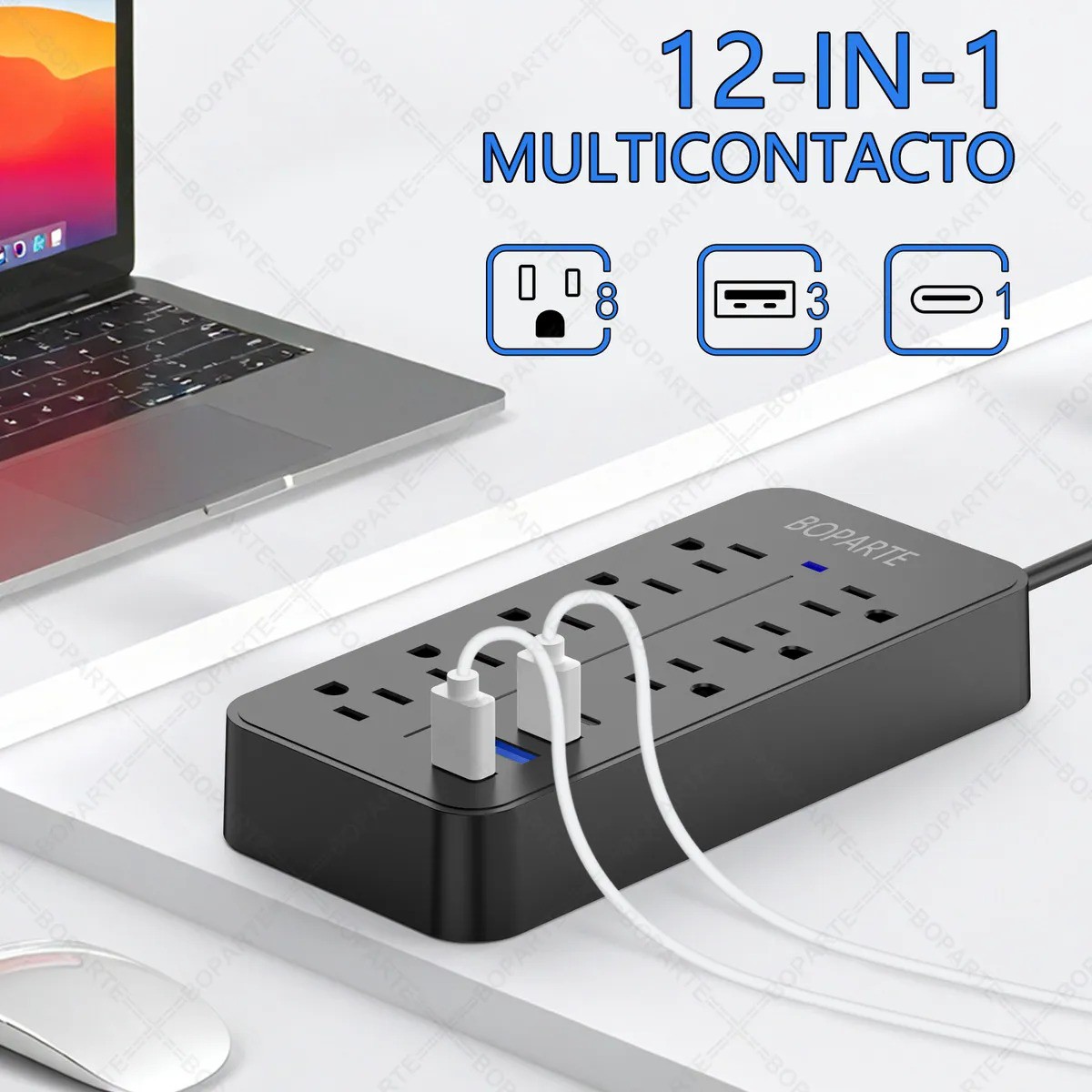 Boparte EL08 Multicontacto de 8 tomas con usb color negro largo del cable de 1.2m 10A image number null