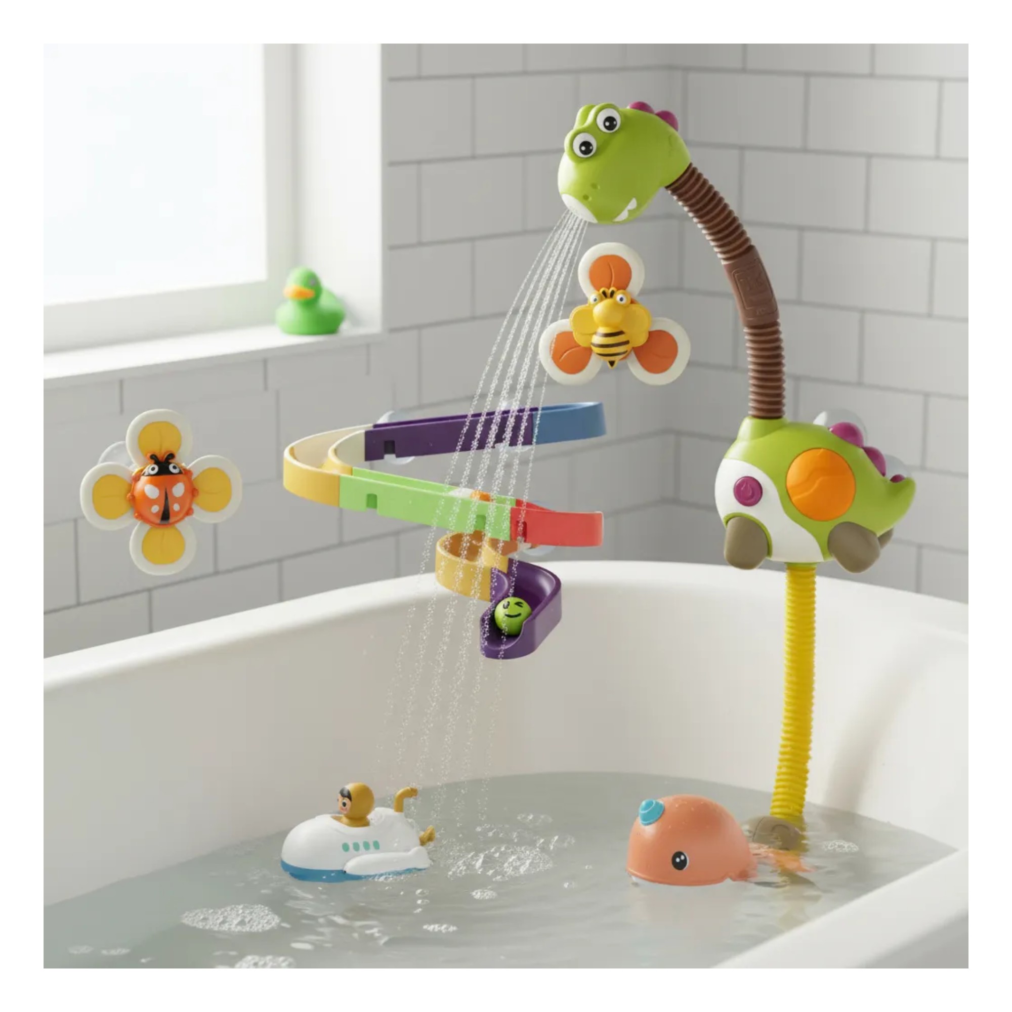 "Dino Splash Divertido Juguete Ba&ntilde;o Beb&eacute; Ducha Regadera Tobog&aacute;n Flotadores Verde de Buena calidad Excelente Accesorio image number null