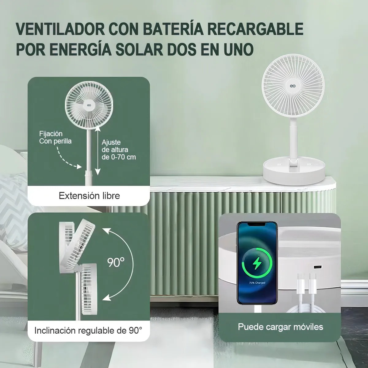 Ventilador Solar Port&aacute;til 3 En 1 Con Panel Solar 6v image number null