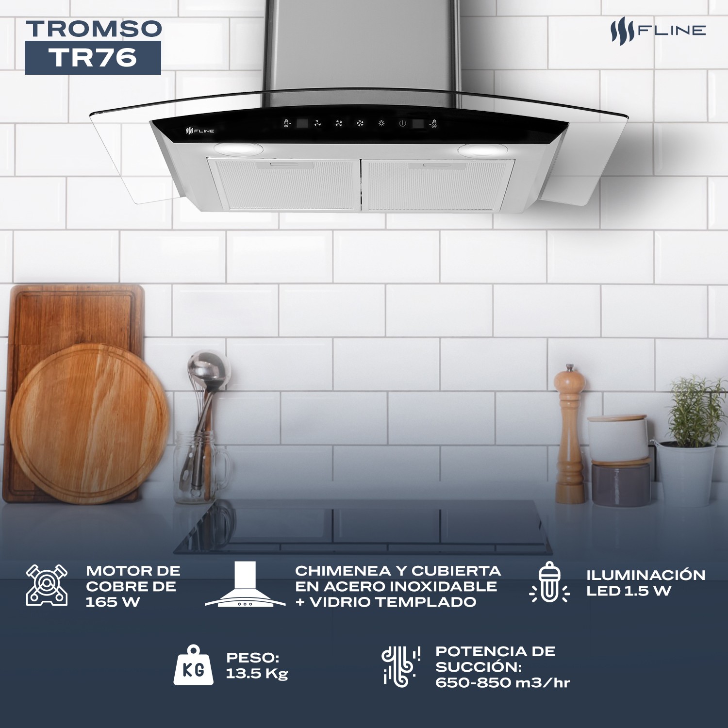 FLINE | Campana de cocina 76 cm | DE PARED | Controls Touch | extractora | cristal curvo y acero Inoxidable | 3 velocidades | Tromso 76 image number null