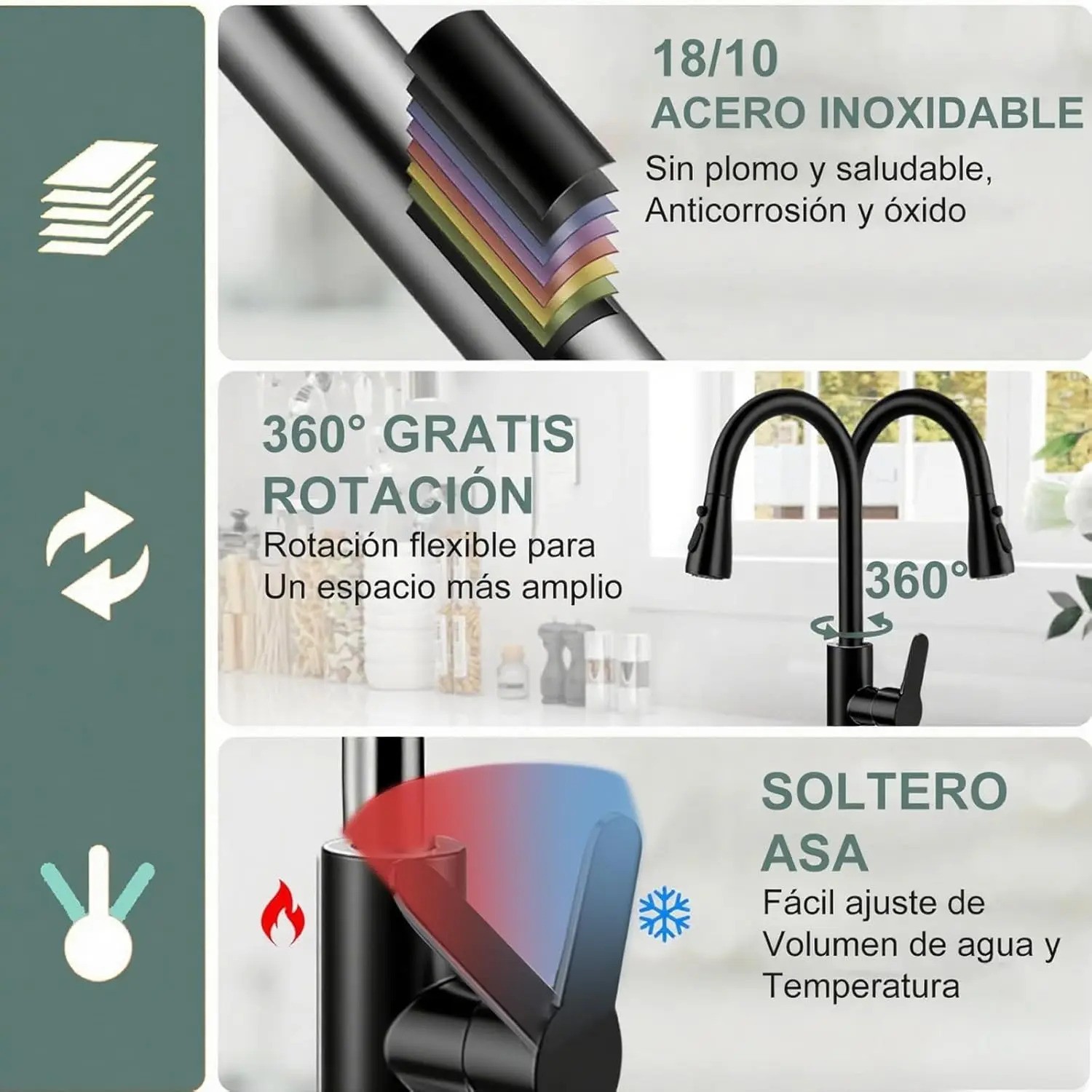 "Grifo Mezclador Llave De Cocina Para Fregadero Negro Mate negro " image number null