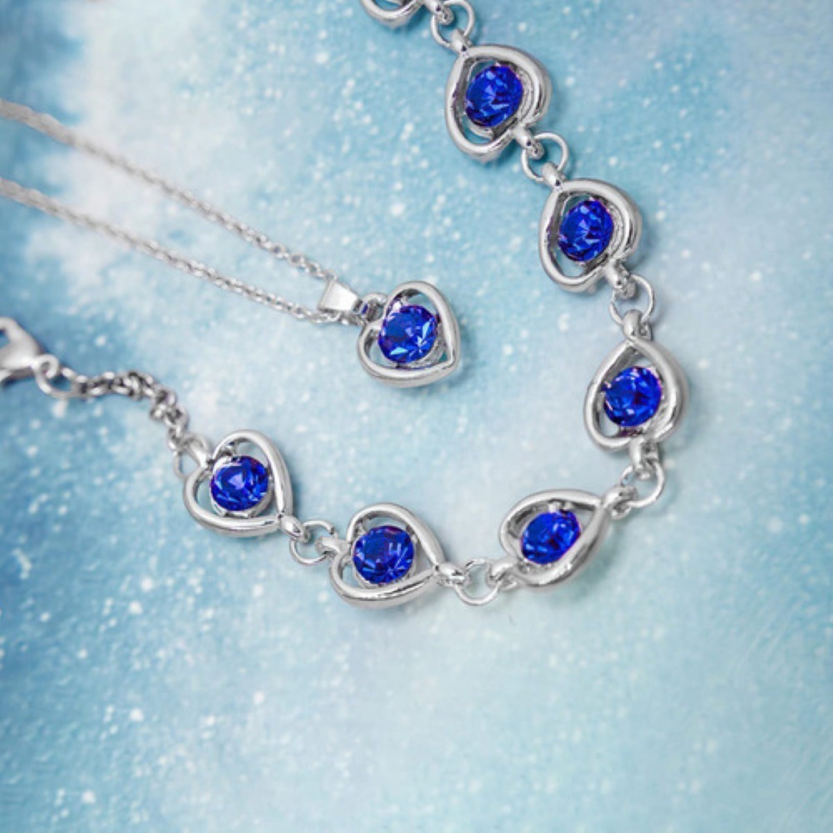 4pcs Collar, Pendientes, Anillo Y Pulsera Coraz&oacute;n De Cristal Azul /Plata image number null