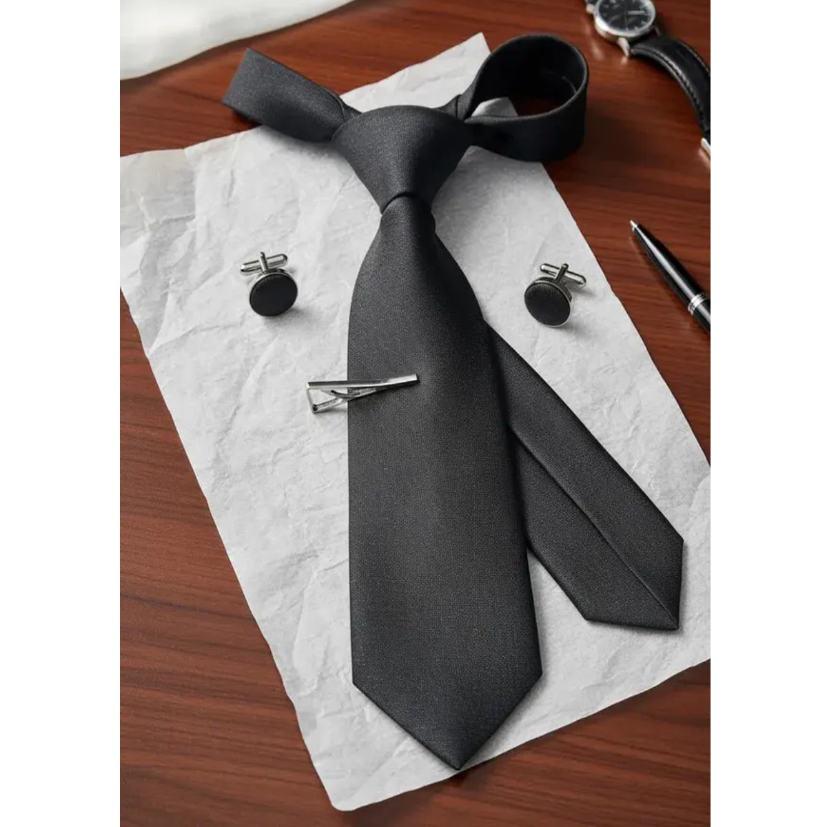 Corbata Pa&ntilde;uelo Mancuernillas Conjunto Para Hombre Color Negro image number null