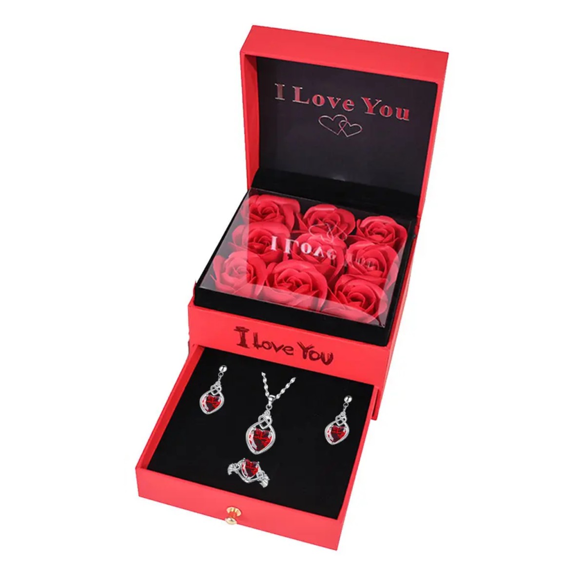Collar Aretes y Anillo En Estuche Para Mujer Rojo image number null