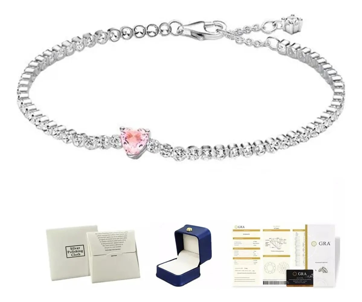 Pulsera Mujer Plata 925 Dise&ntilde;o Coraz&oacute;n Con Zirconia Rosa image number null