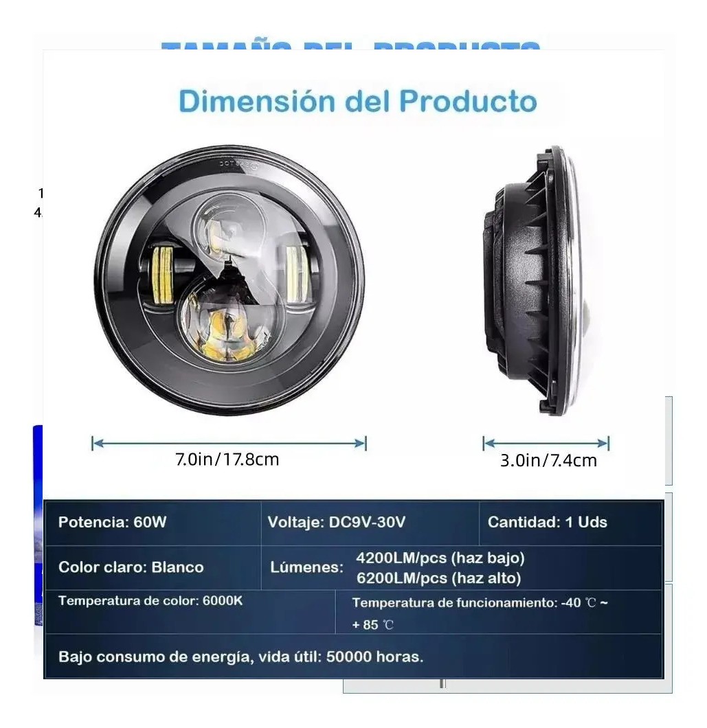 Faros Led 7 Inch Motorcycle Harley Jeep Wrangler Vocho NEGRO image number null