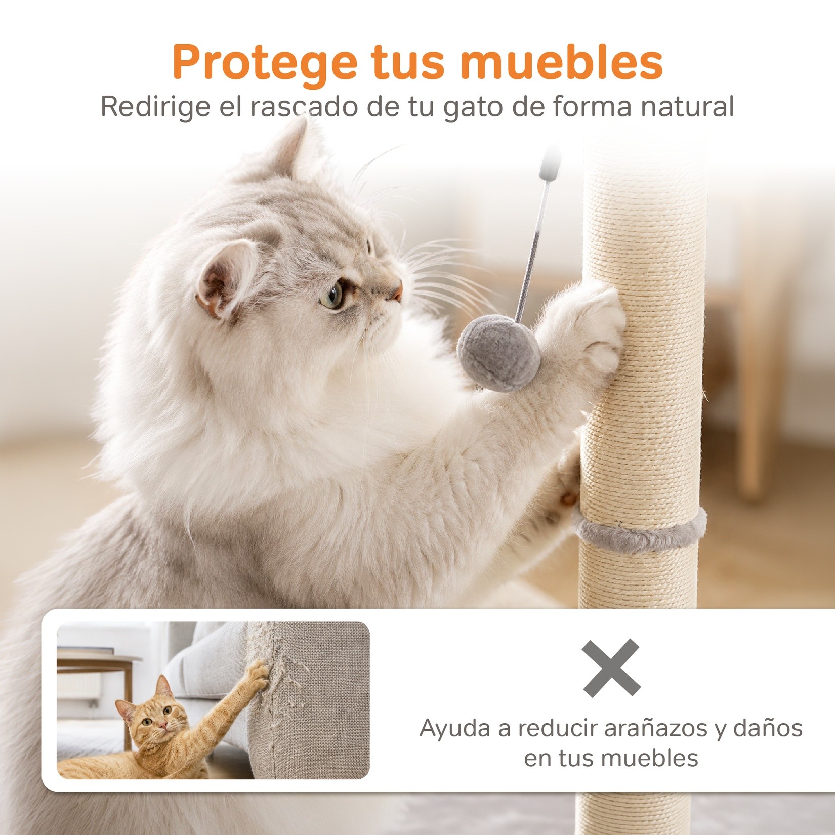 Poste Rascador para Gato Poli Pets Tonkin&eacute;s con Sisal Natural de 81 cm de Altura y Pelota Amovible image number null