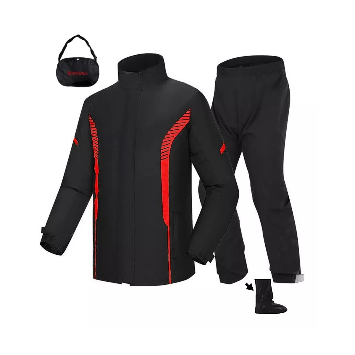 Impermeable Motociclista Reflejante Con Capucha Alta Negro/Rojo L. image number null