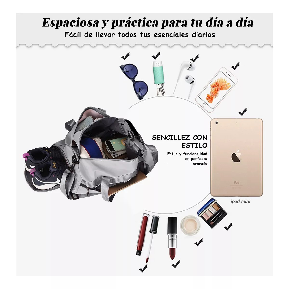 Maleta De Viaje Bolso Deportivo Mochila Gym Gris image number null