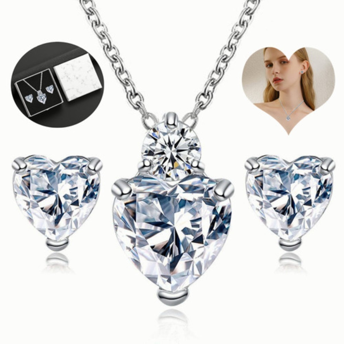 Juego De Collar Y Aretes Mujer Plata 925 Con Zirconia+caja Plata Corazon image number null