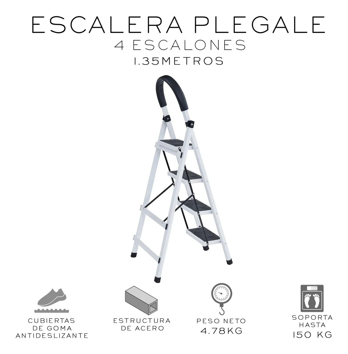 Escalera De Acero Tubular Tipo Tijera Plegable 4 Escalones Blanco image number null