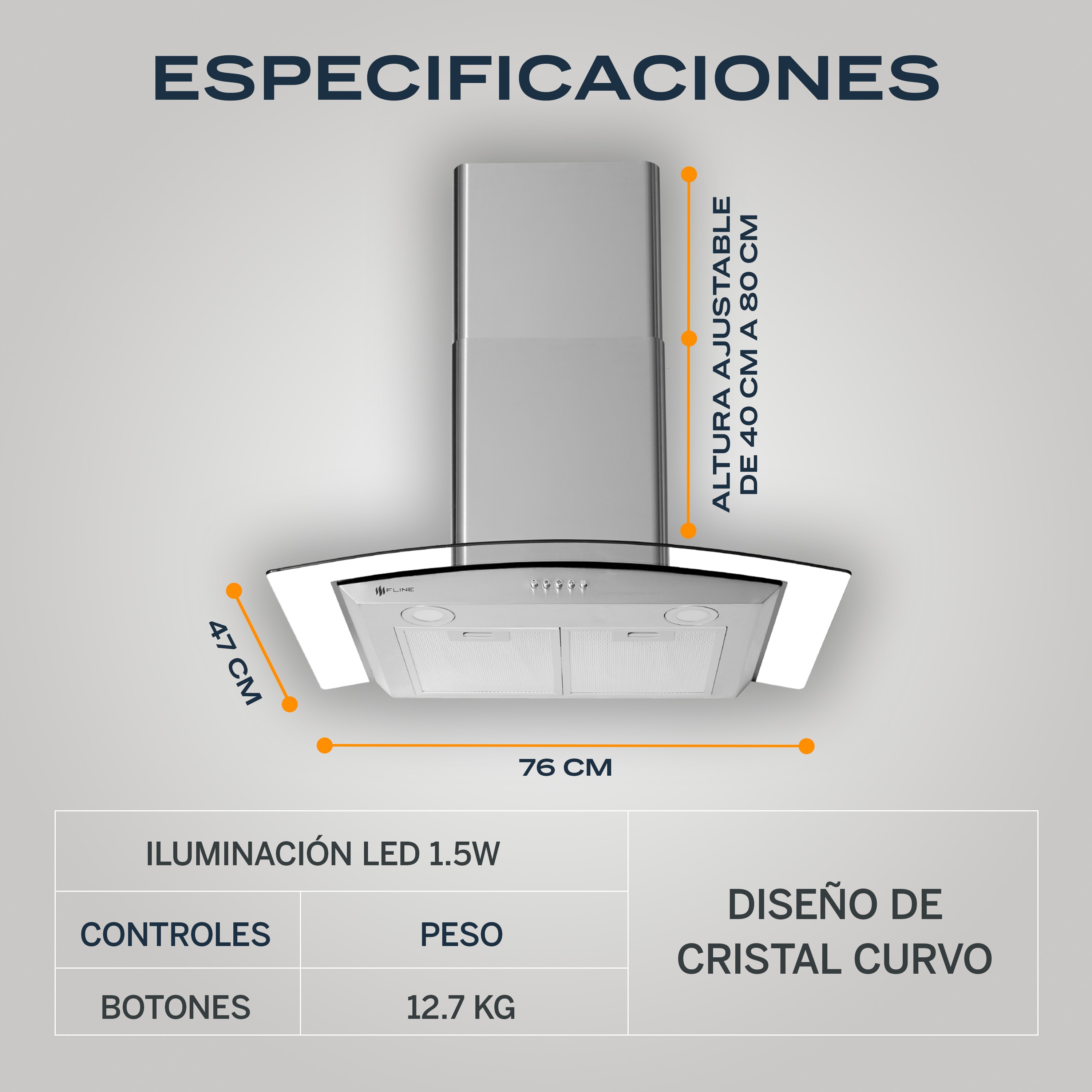 FLINE Combo parrilla de gas y campana extractora 76 cm Pared Botones gris LU5BE76 image number null