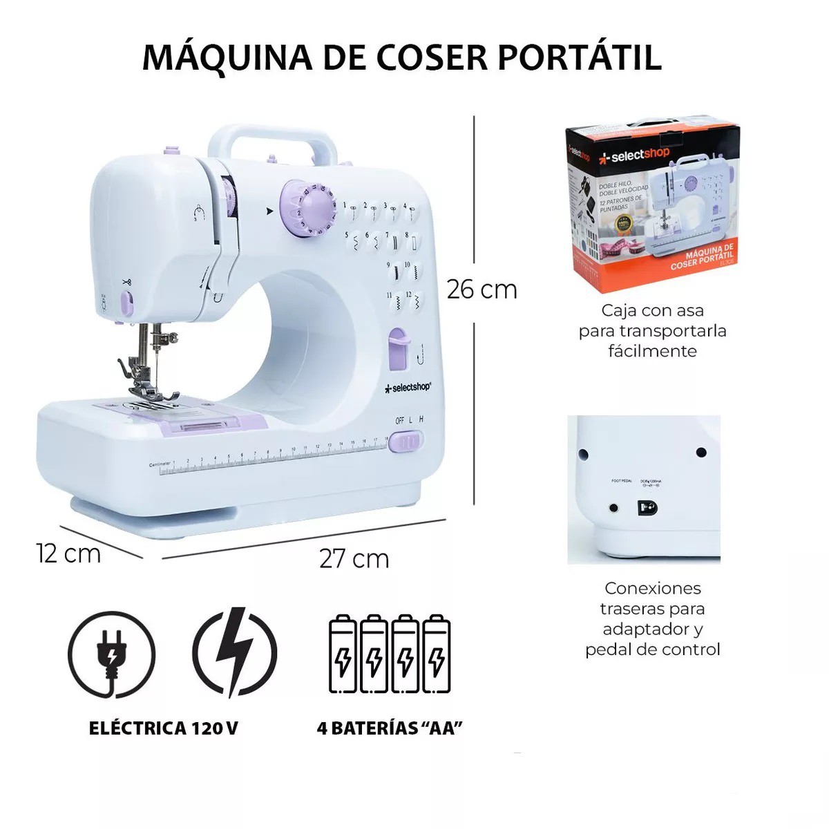 Maquina De Coser Portatil Electrica Mas Kit Costura Y Pedal Color Blanco SelectShop image number null