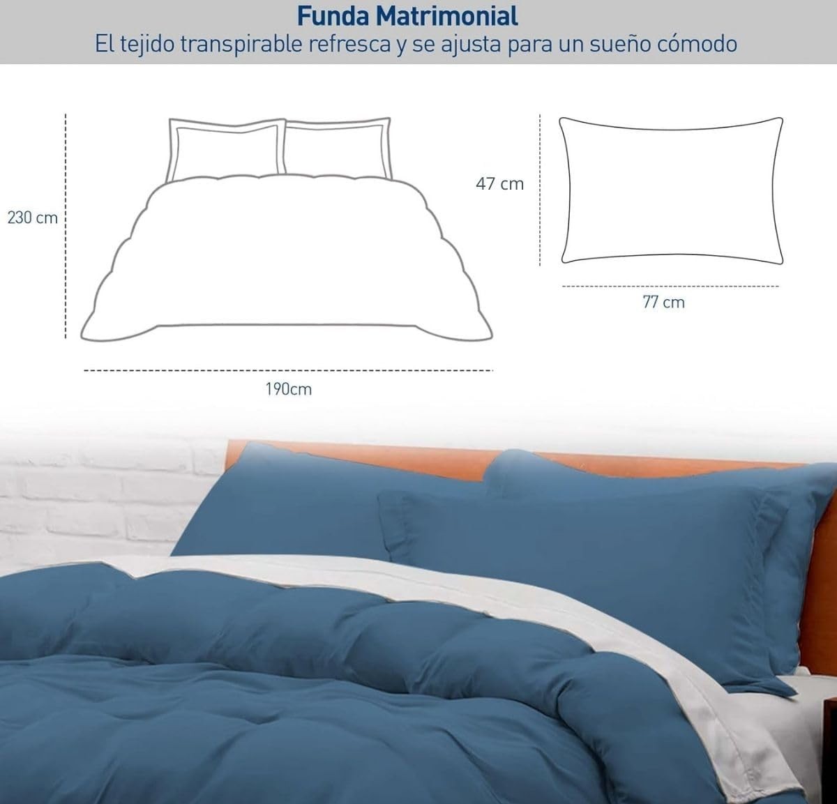 Juego de Funda Duvet para Edredon Matrimonial con Cierre de Botones y 2 Fundas de Almohada, Azul, Bluelander image number null