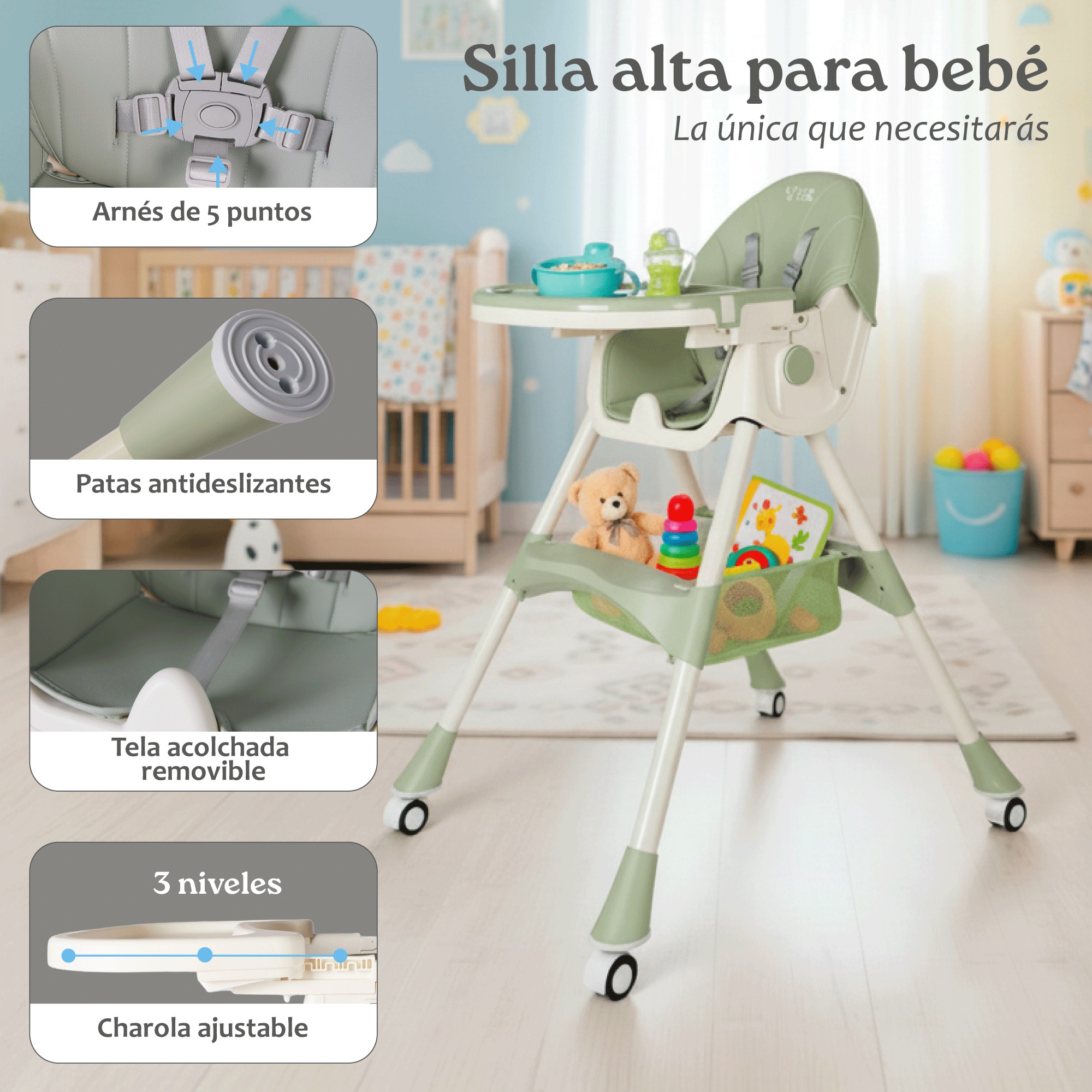 Silla Alta para Beb&eacute; YEI Verde, 6 en 1, Plegable, 2 Alturas, 5 Puntos de Seguridad image number null