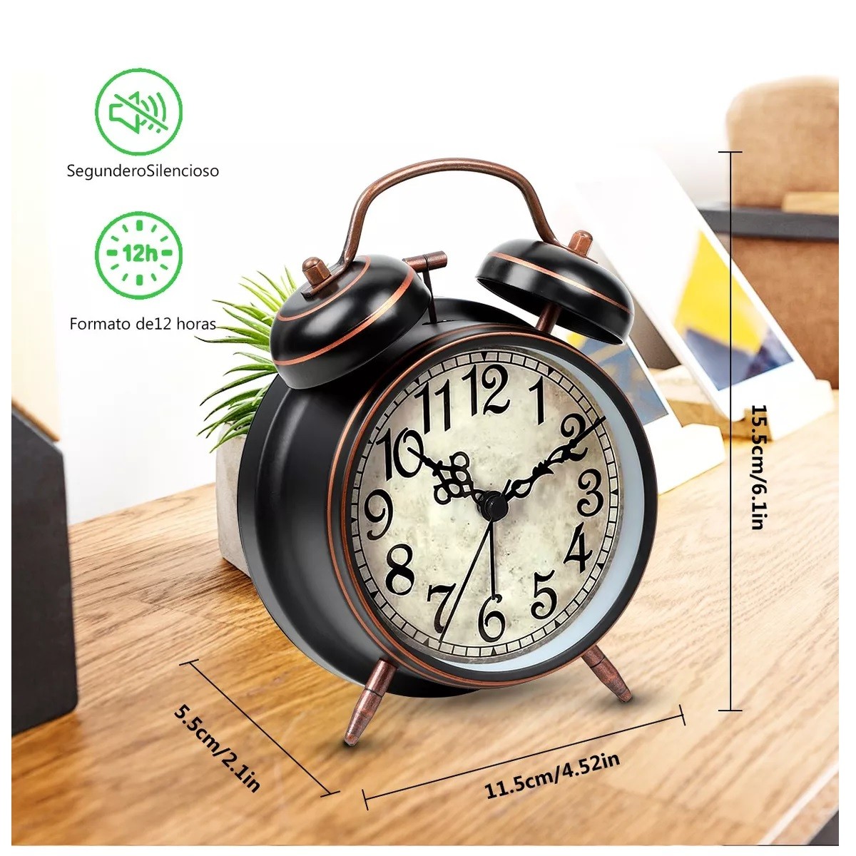 Reloj Despertador Campana Retro Anal&oacute;gico Estilo Vintage Negro image number null
