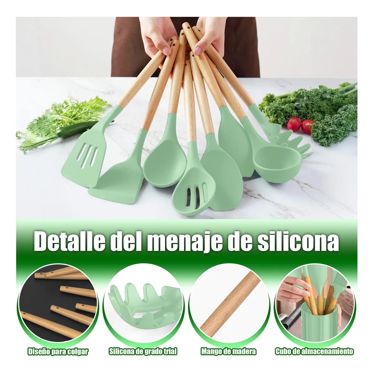 Silicona Utensilios De Cocina Espatulas Reposteria 12 Set Verde Claro image number null