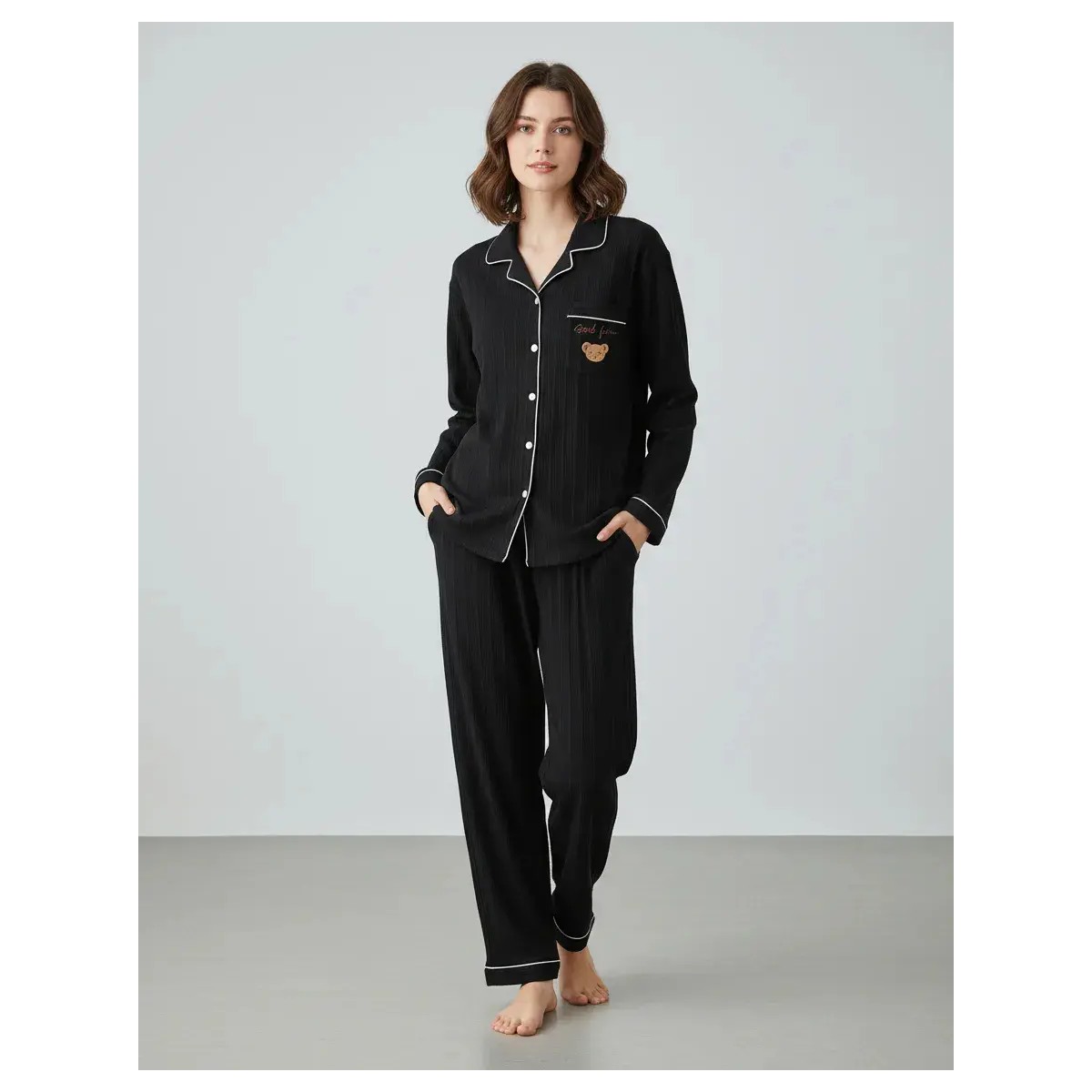 Conjunto Pijama Mujer Algod&oacute;n Con Manga Larga Y Pantal&oacute;n Negro Talla XL image number null