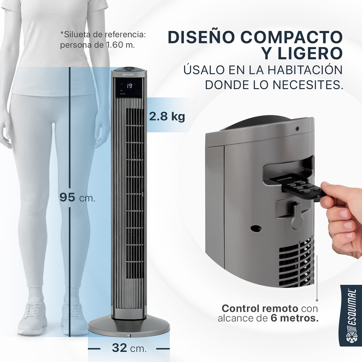 Ventilador de Torre 95 cm Silencioso Abanico Port&aacute;til Giratorio para Piso con Temporizador y Control Titanio ESQUIMAL image number null