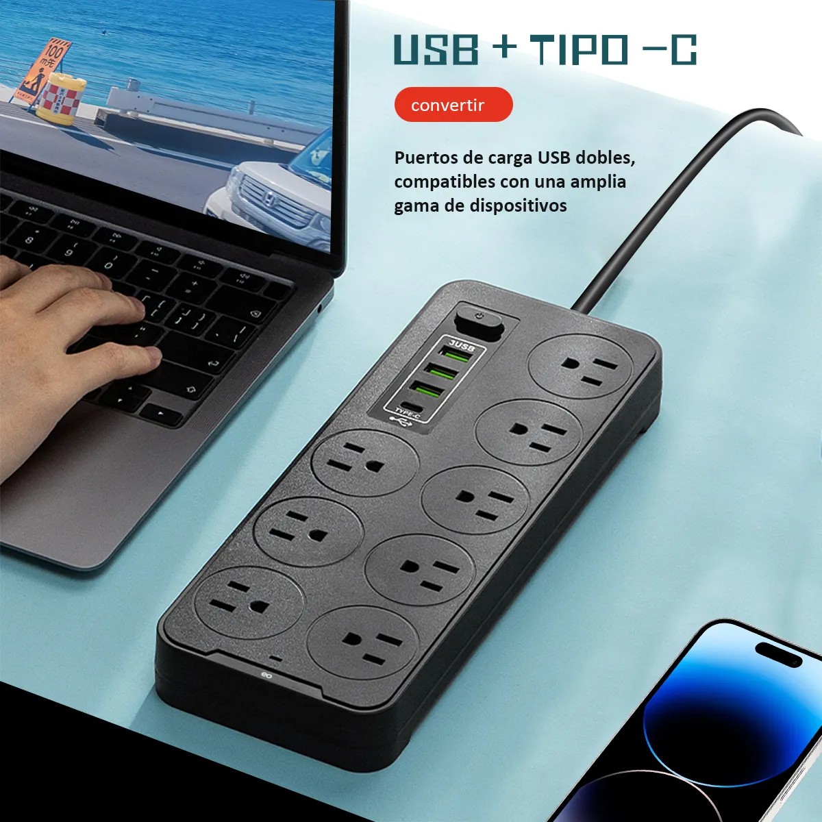 2 Piezas Multicontactos Usb 2500w Cable De Cobre De 2 Metros image number null
