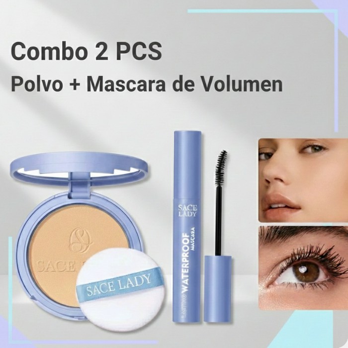 Combo 2 Pcs Polvo Compacto Mate + M&aacute;scara Voluminizadora Impermeable Waterproof Look Duradero Maquillaje Base, Rimel image number null