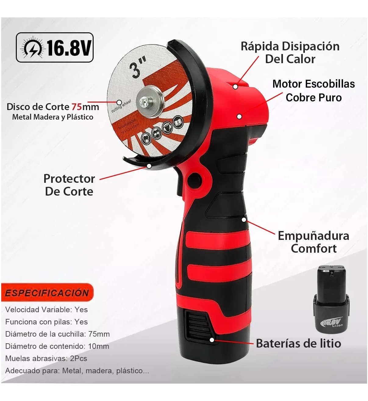 Mini Esmeril Angular Inal&aacute;mbrica Malubero Pulidora 16.8v 75mm28000rpm image number null
