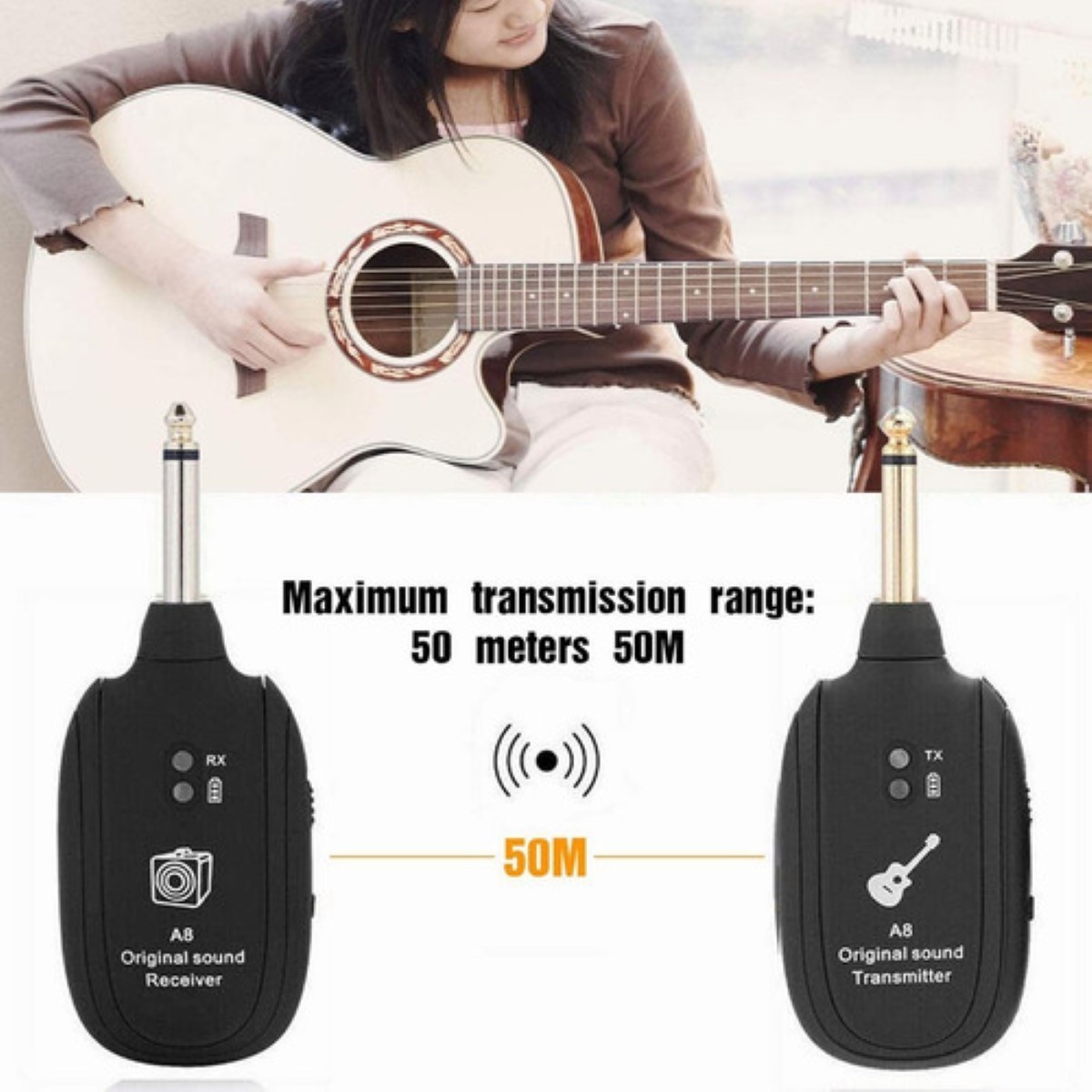 Sistema Transmisor Y Receptor Inalambrico Guitarra Uhf A8 Negro image number null