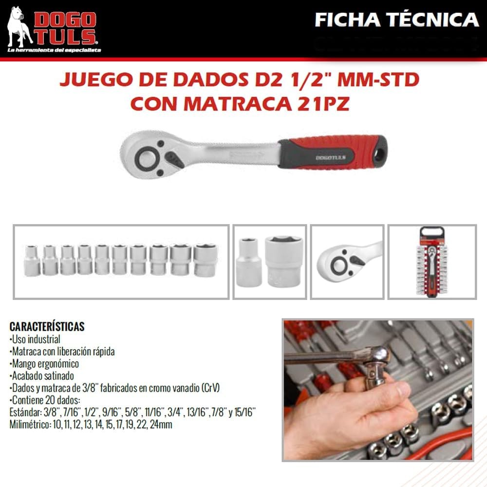 DOGOTULS Juego de Dados D2 1/2" MM-STD con Matraca 21pz image number null