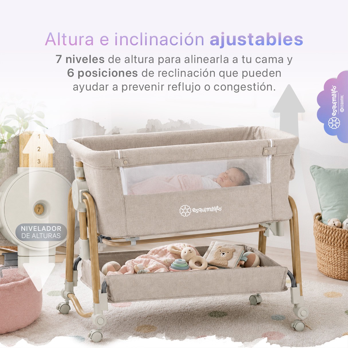 Cuna Colecho para Beb&eacute; 2 en 1 Port&aacute;til, 7 Alturas,6 Niveles de Inclinaci&oacute;n con Cesta de Almacenamiento (Arena). ESQUIMAL image number null