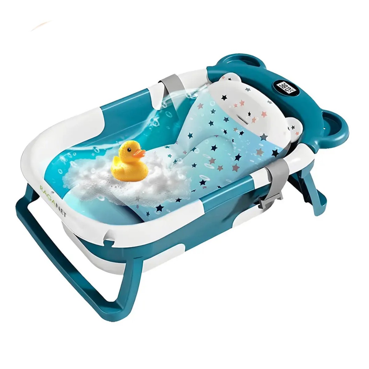 Ba&ntilde;era Bebe Plegable Port&aacute;til Con Coj&iacute;n Term&oacute;metro Azul image number null
