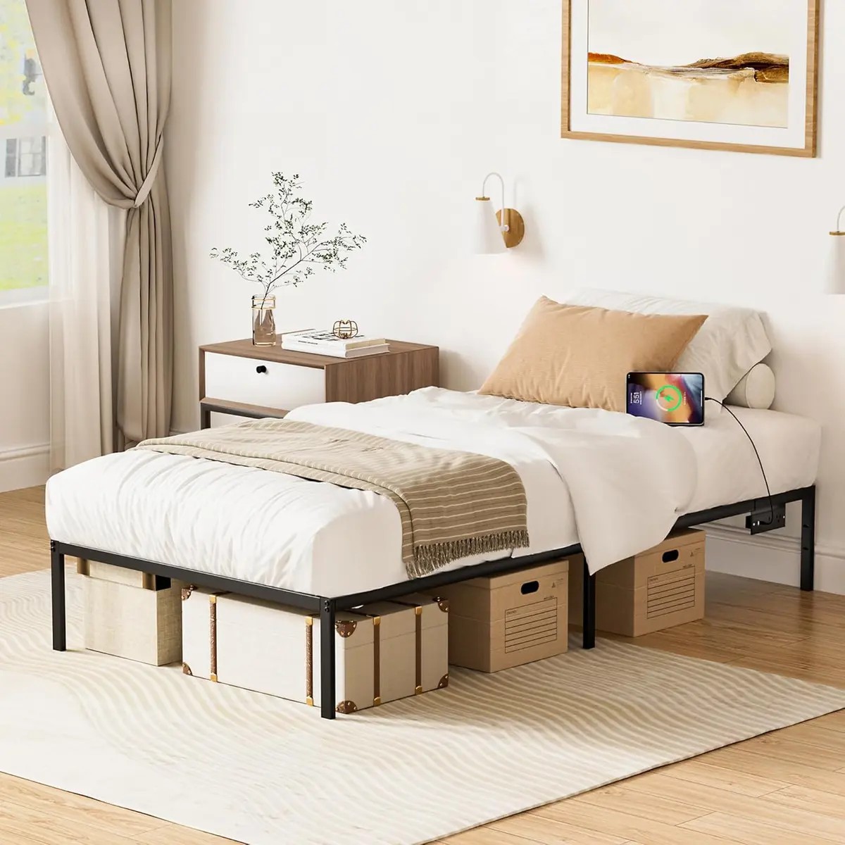 Base de Cama Individual con Enchufe, 95,5 cm X 189,5 cm X 35 cm, con Estaci&oacute;n de Carga 1.5m Usb , image number null