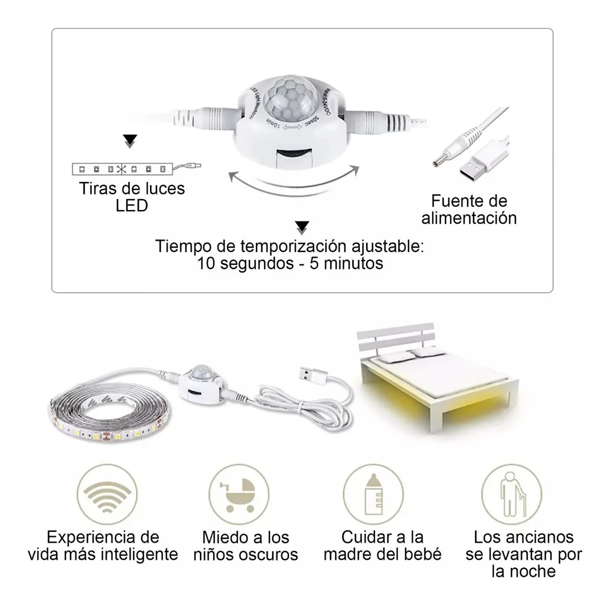 Tira Luces Led Sensor Para Cuartos 5m Luz Blanco C&aacute;lido image number null