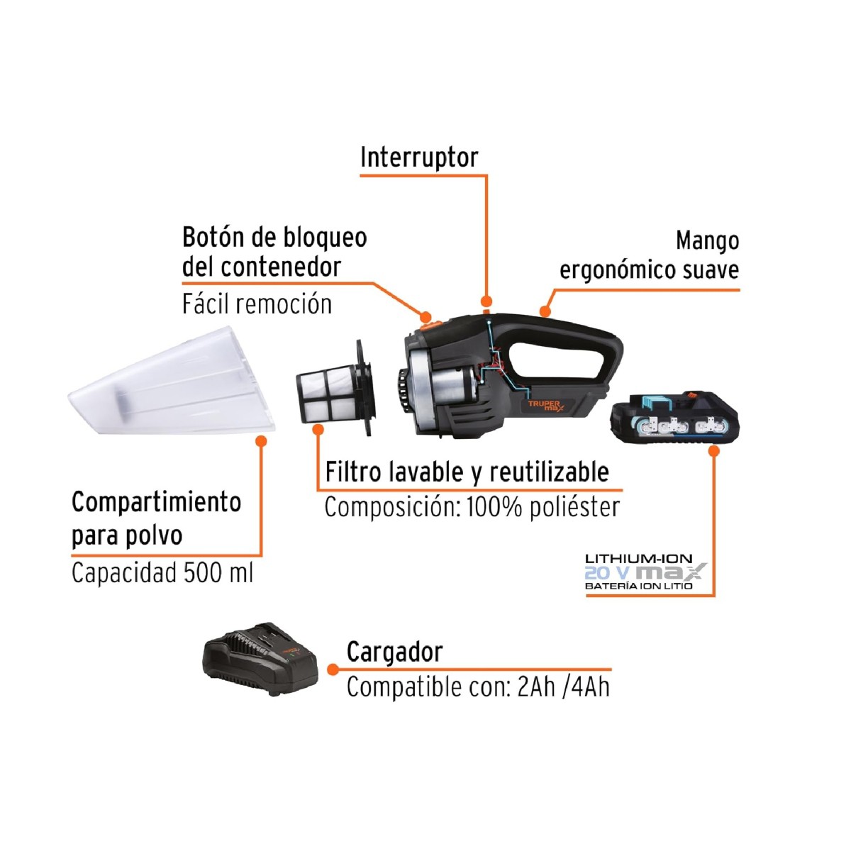 Aspiradora Inal&aacute;mbrica 20V Truper MAX-20A Filtro Lavable y Reutilizable ENDY3 image number null