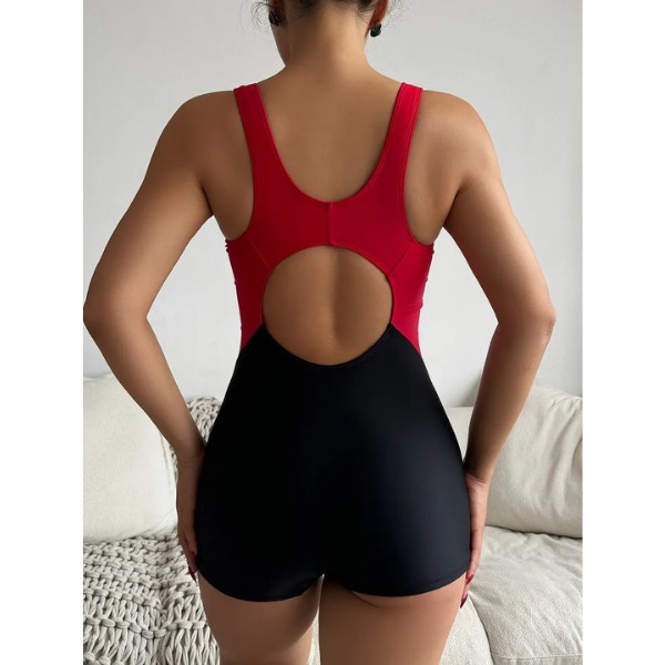 Traje de Ba&ntilde;o Mujer Moderno Negro con Detalles Rojos para Nataci&oacute;n y Playa - Dise&ntilde;o Deportivo image number null