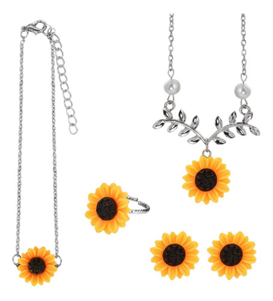 Kit De Collar Arete Aro Brazalete Tipo Girasol Plateado image number null