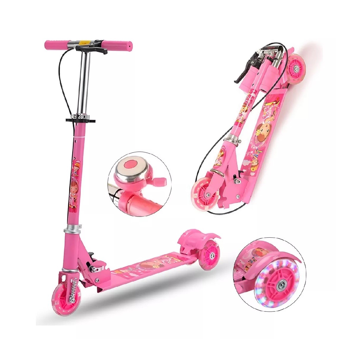 Patinete Infantil Plegable Ajustable De 3 Ruedas Con Luz Led Rosa. image number null