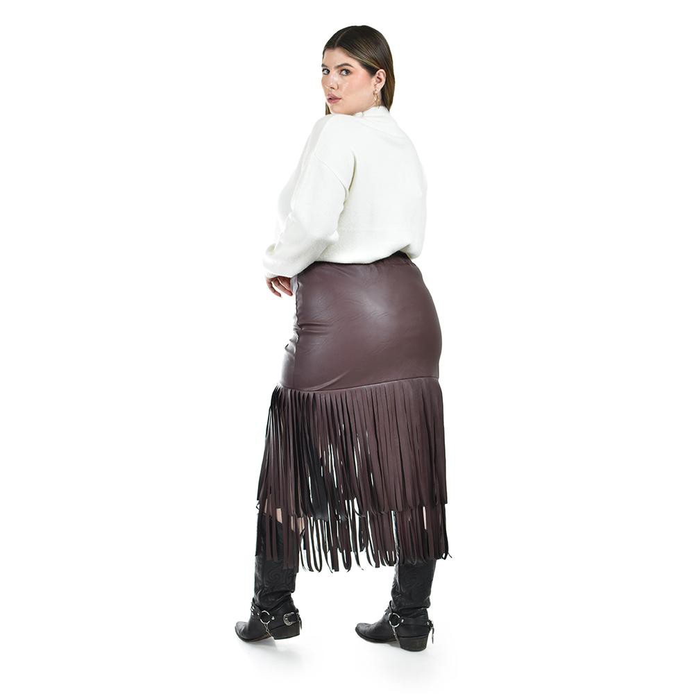 Falda de vinipiel con flecos Roman Fashion /Tallas Extras, 7063 (Cafe) image number null