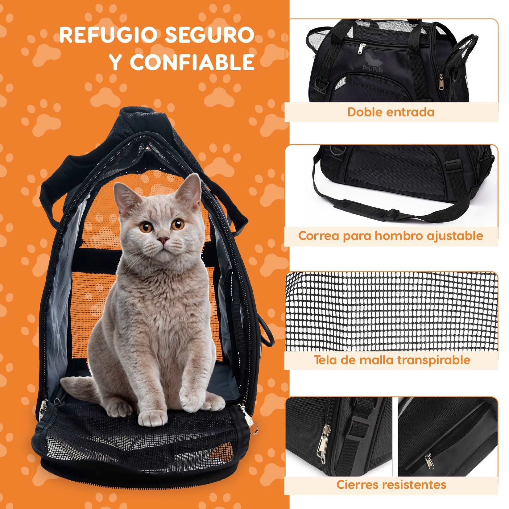 Transportadora para Mascotas Poli Pets Negra Mediana, Soporta 7 kg, con Ventanas de Malla, Correa Ajustable y Almohadill image number null