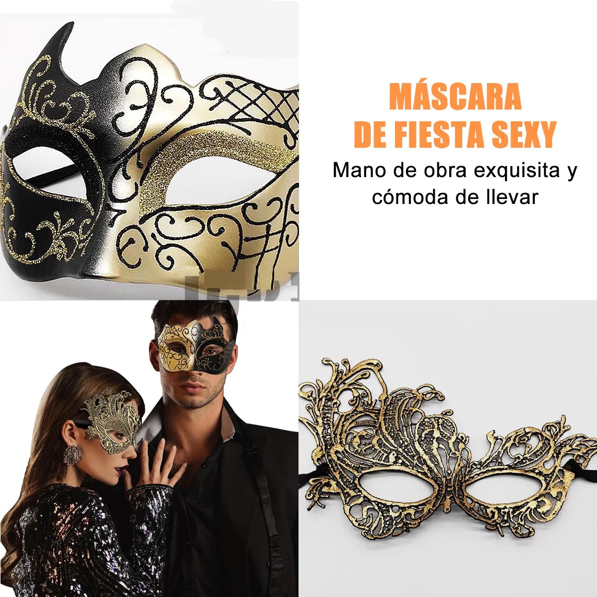 2 Antifaz Fiesta Mascaras Halloween Pareja Carnaval Dorado image number null