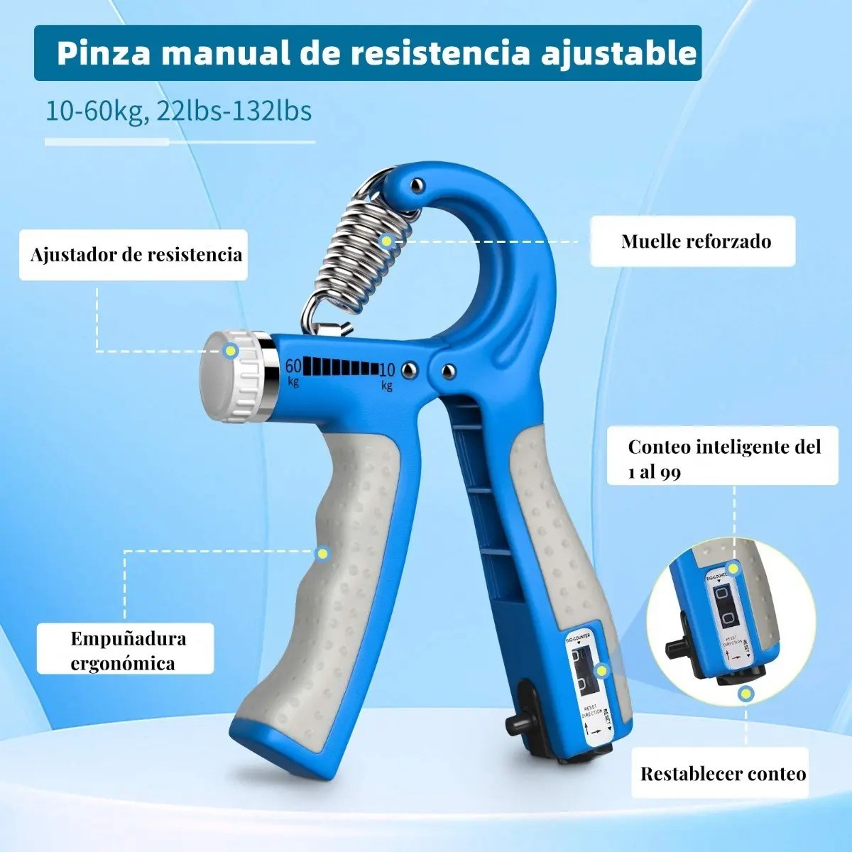 Fortalecedor Mano Agarre Ejercitador Dedos Ajustable, 5en1 AZUL CON NEGRO image number null