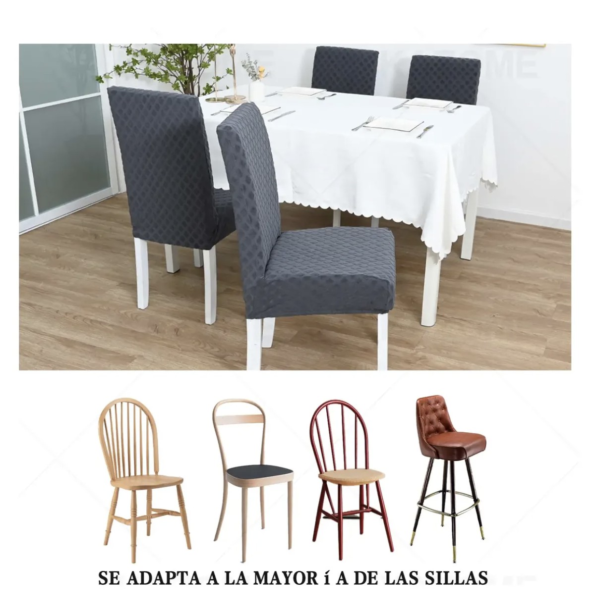 6 Fundas El&aacute;stica Silla Comedor Color S&oacute;lido Patr&oacute;n Diamante Modelo Negro image number null