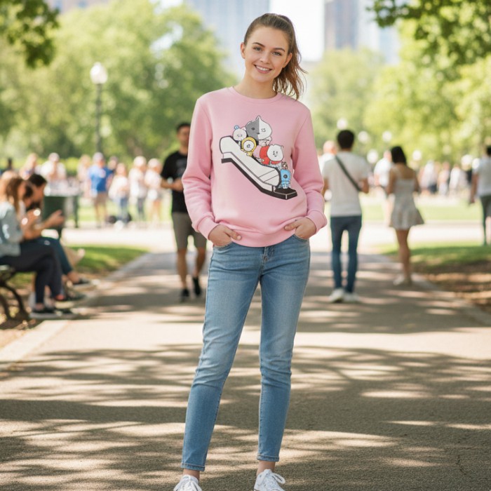 Sudadera Juvenil BT21 Oficial Rosa Talla Grande | Personaje BTS Escaleras | K-Pop Line Friends | Ideal para Fans ARMY image number null