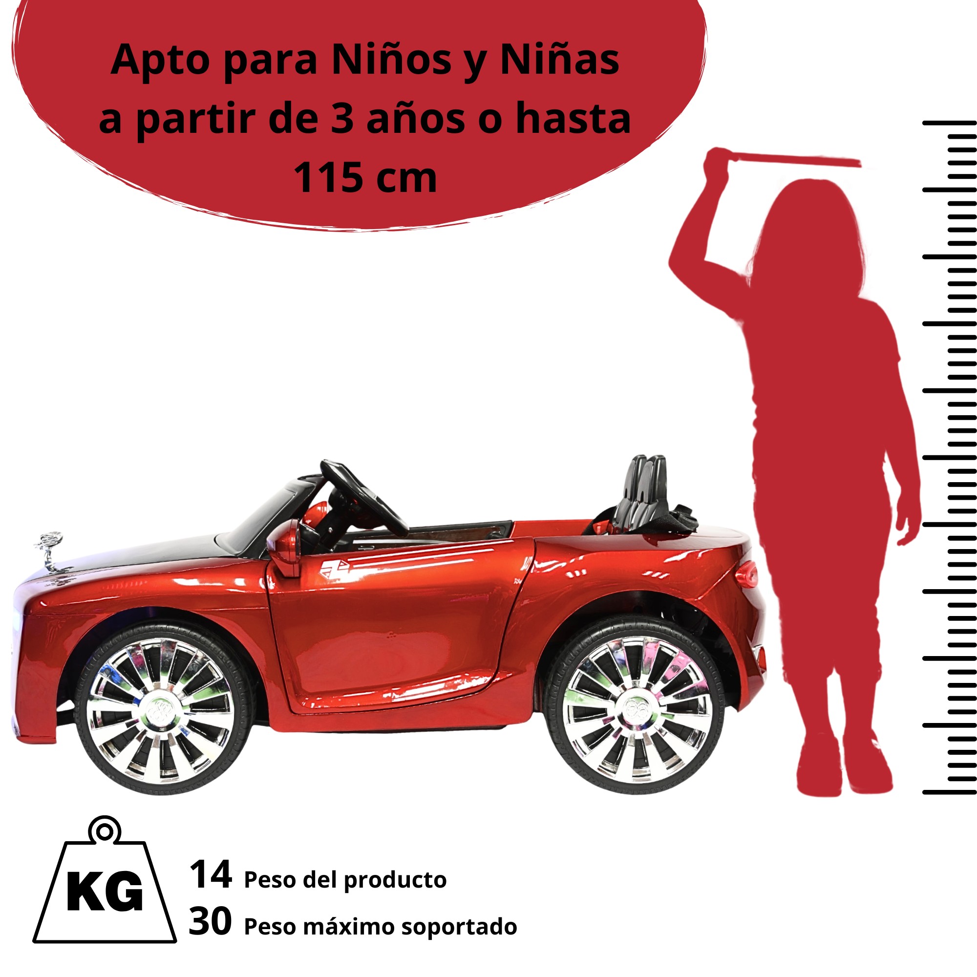 Montable Electrico Cl&aacute;sico para Ni&ntilde;os Conexiones Bluetooth USB y Auxiliar Luces Sonido 12v - Rojo image number null