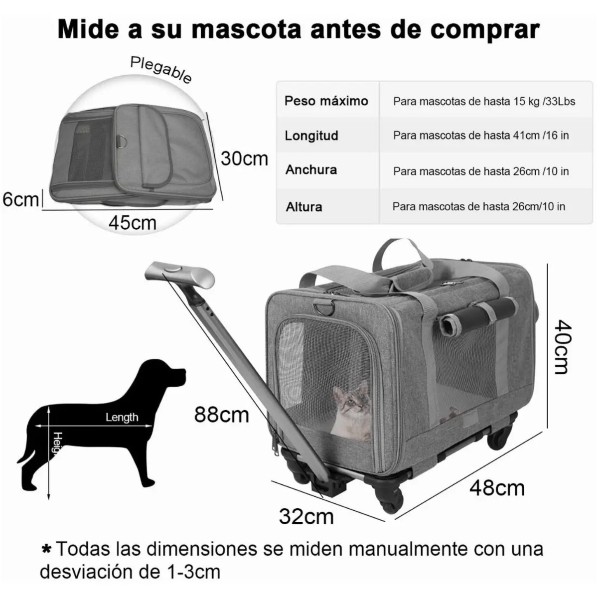 Transportador Para Perros Gato Mochila Con Ruedas Gris Claro image number null