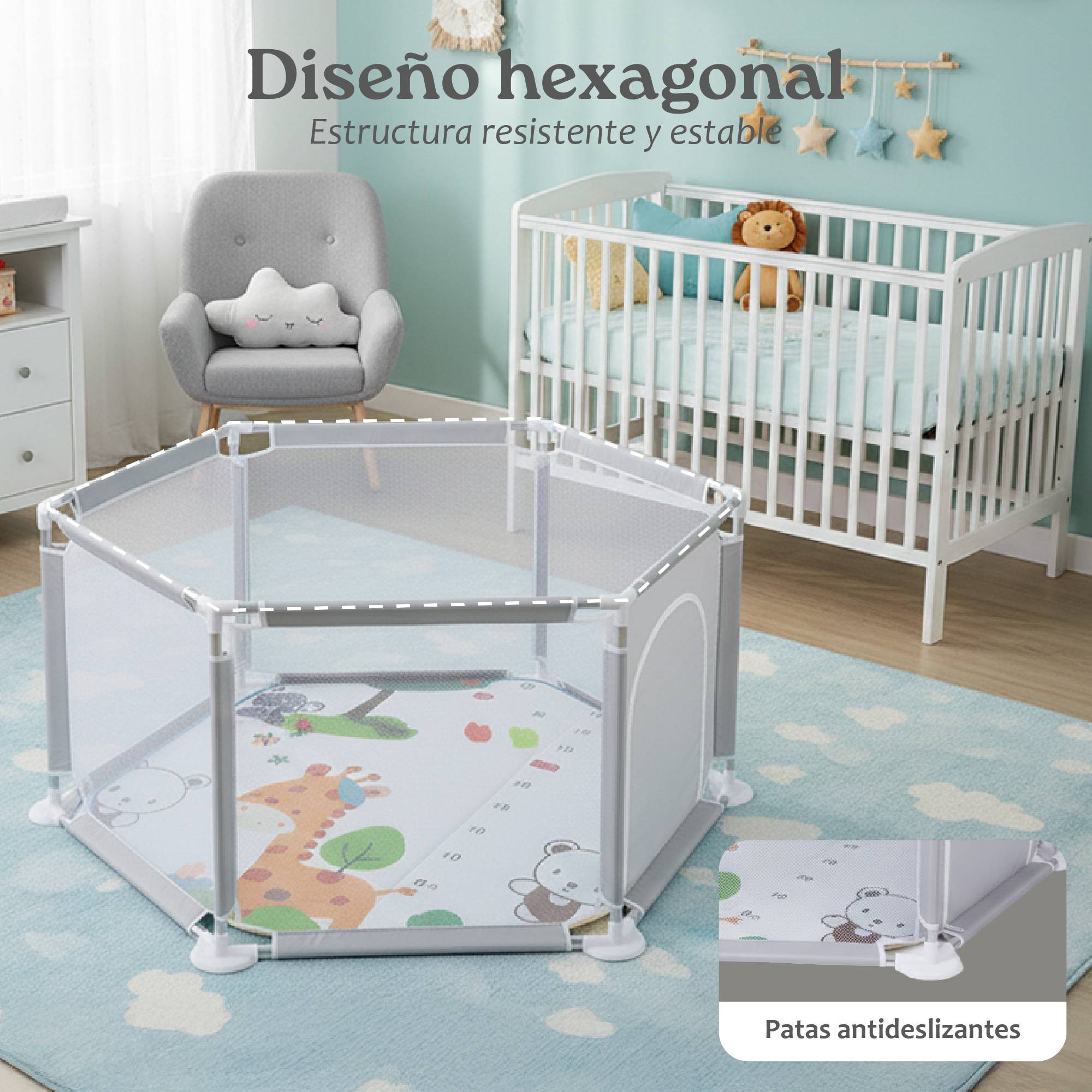 Corral para Beb&eacute; Hexagonal Yei Gris 1.25 m x 65 cm con Colchoneta, Malla Transpirable, Plegable y Malla Transpirable image number null