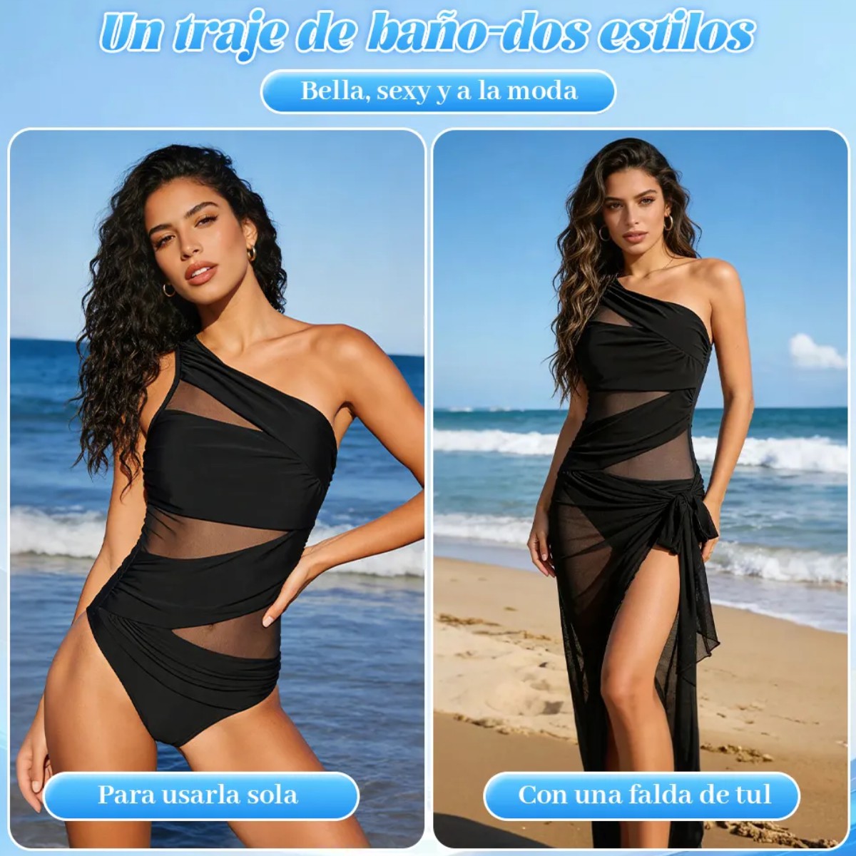 Traje De Ba&ntilde;o Mesh Sexy De Color S&oacute;lido Un Hombro Negro Talla M image number null