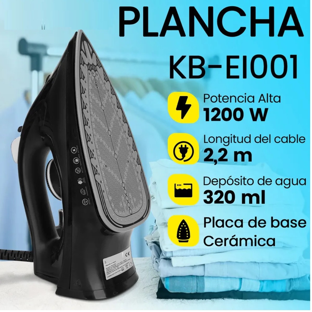 Plancha para Ropa Vapor / Seco 2 en 1 Suela Cer&aacute;mica 1200W Negro image number null