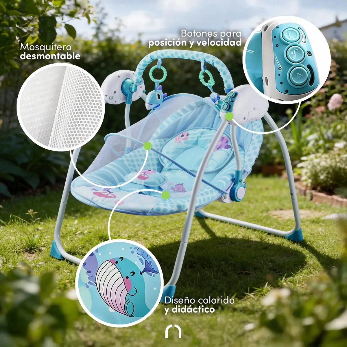 Silla Mecedora Para Bebes Columpio Control Remoto Mosquitero Azul image number null