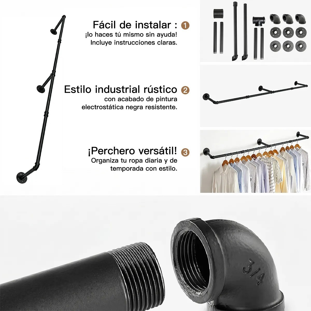 Perchero De Pared Estante De Metal Para Ropa Negro image number null