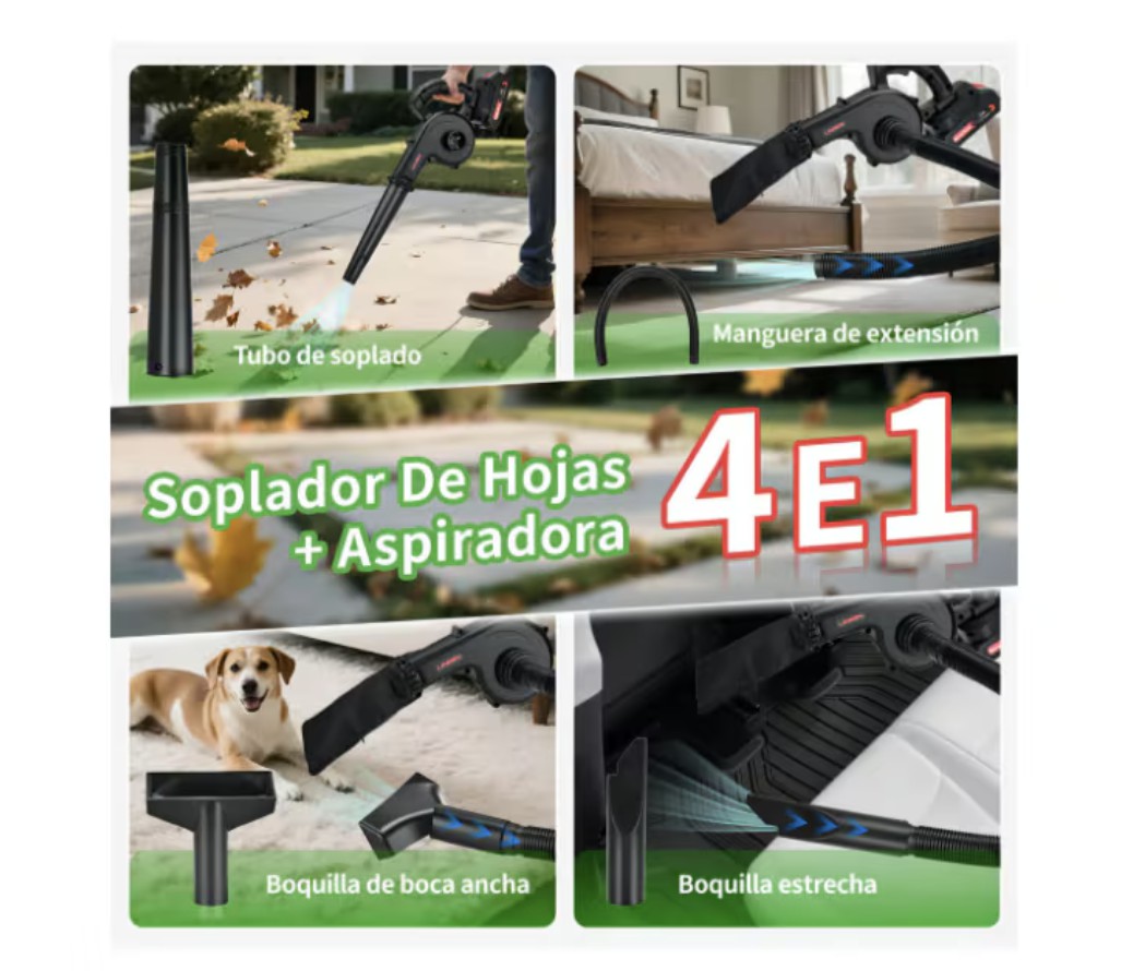 Sopladora Aspiradora El&eacute;ctrica Inal&aacute;mbrica con 2 Bater&iacute;as 4 en 1 Modelo Negro image number null